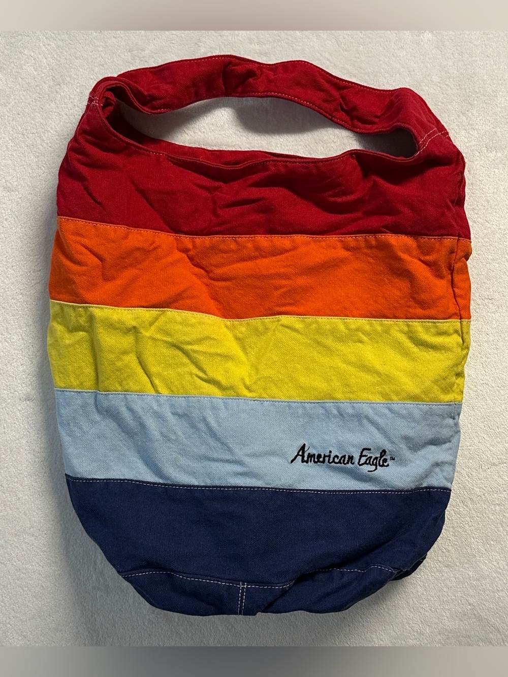 Y2K AMERICAN EAGLE blue rainbow stripe canvas embroidered tote bag